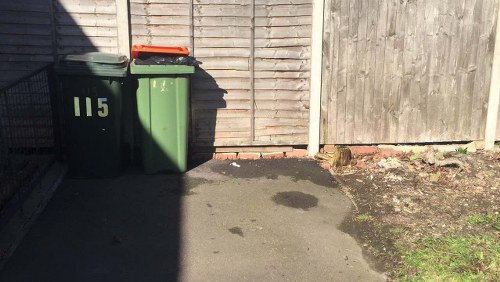 The image depicts two wheeled bins positioned on a paved driveway next to a wooden fence and a shed panel. The left bin is dark green with a visible number, possibly '115', in light-colored text, and has a closed lid with an orange handle on top. The right bin, also green, appears to be slightly smaller and has a closed lid without visible handles. The driveway surface is dark with some patchy areas and a small puddle of water near the bins. In the background, the fence panels consist of horizontal wooden slats with weathered textures, and the ground surrounding the driveway includes soil and sparse grass. This scene is common for waste collection areas in residential or small commercial premises in Surbiton, supporting rubbish removal services by companies like Commercial Waste Surbiton.